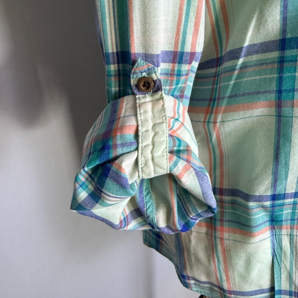 The North Face Button Up Blouse Women's Sz XL Blue Green Plaid Roll Tab Sleeves - Picture 6 of 15
